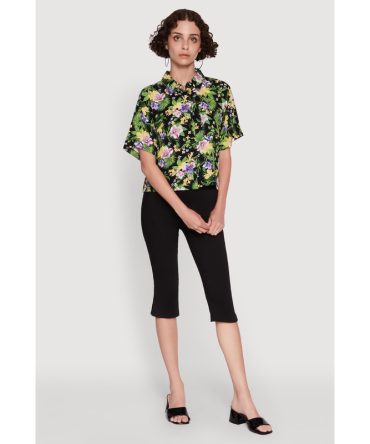 Trendy Tropical Floral Button Front Short Sleeve Shirt