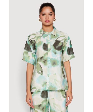 Abstract Leaf Print Button Front Shirt