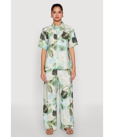 Abstract Leaf Print Wide Leg Pants