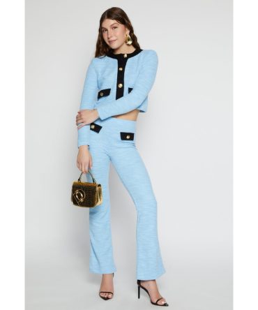 Boucle Faux Button Flare Pants