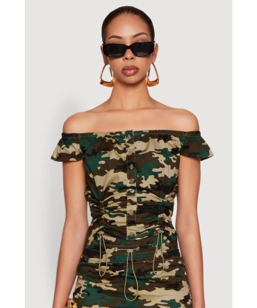 Camouflage Off the Shoulder Top