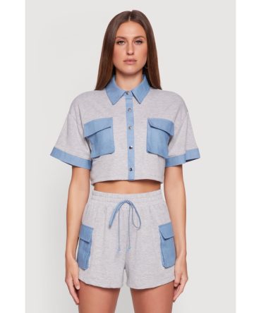 Chambray Detail Short Sleeve Crop Top