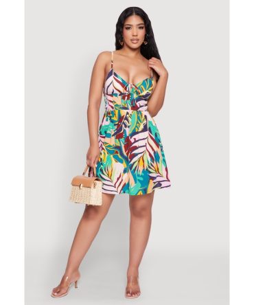 Color Block Leaf Print Tie Front Mini Dress