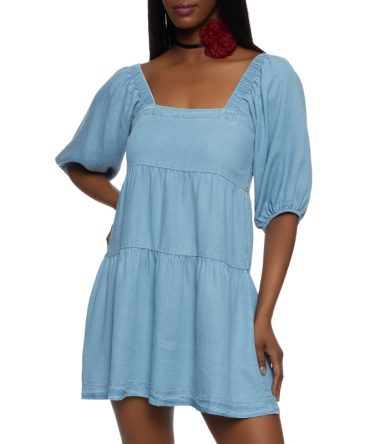 Denim Square Neck Tiered Dress