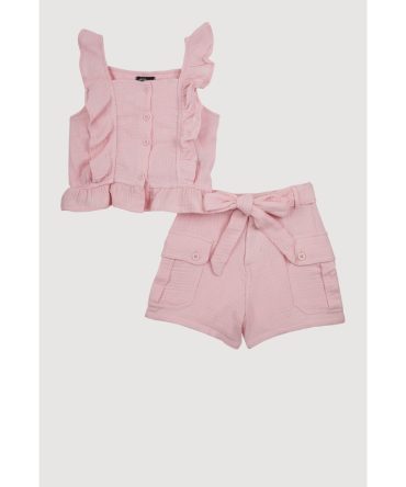 Girls Sleeveless Ruffle Button Front Top and Shorts