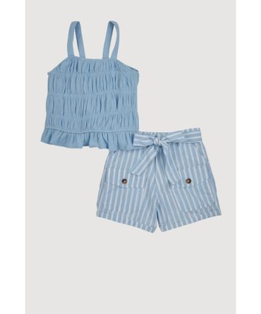 Girls Smocked Cami and Tie Waist Belted Striped Shorts