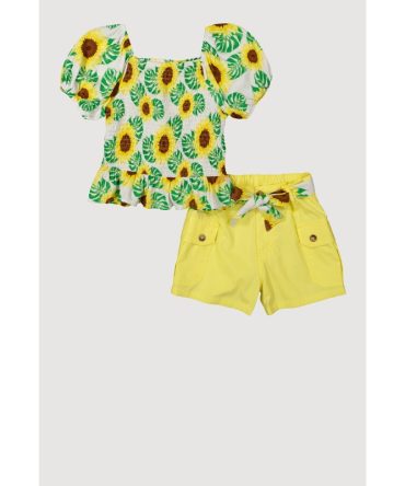 Girls Sunflower Smocked Peplum Top and Cargo Shorts