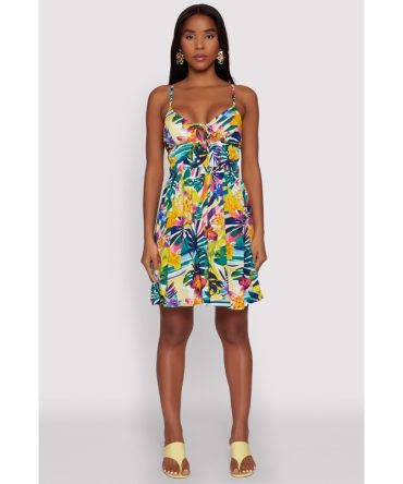 Leaf Print Empire Waist Mini Dress