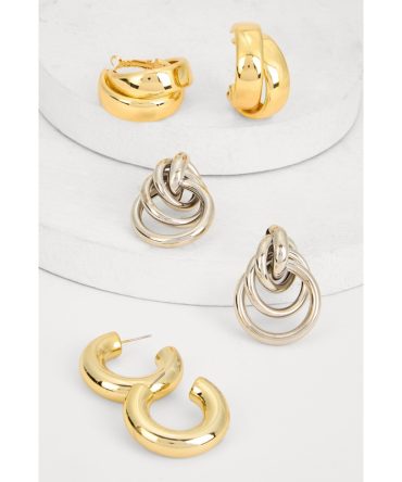 Metallic Hoop and Interlocking Drop Earrings Set of 3