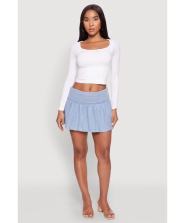 Mineral Wash Fold Over Waist Denim Skirt