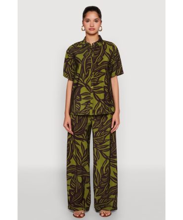 Palm Leaf Print Wide Leg Pants