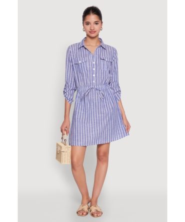 Pinstripe Tabbed Sleeve Shirt Dress