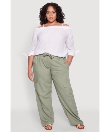 Plus Size Linen Tie Waist Belted Cargo Pants