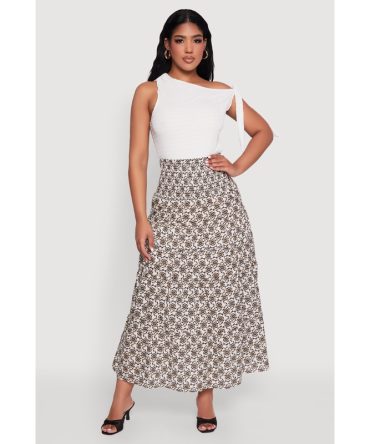 Printed Smocked Waist Tiered Maxi Skirt
