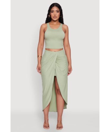Soft Knit Twisted Front High Low Maxi Skirt