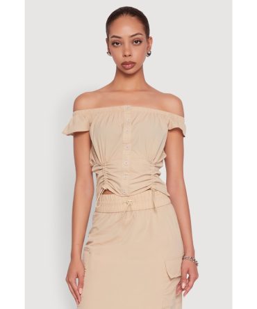 Toggle Drawstring Off The Shoulder Crop Top