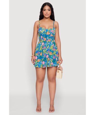 Tropical Floral Print Bustier Skater Dress