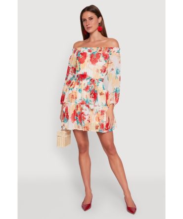 Floral Off the Shoulder Tie Waist Tiered Mini Dress
