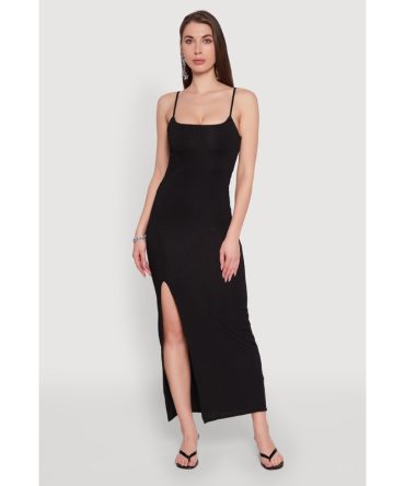 Rib Knit Side Slit Midi Dress