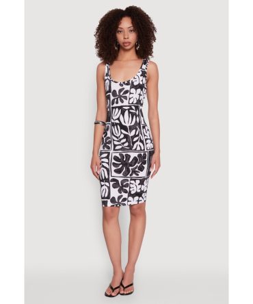 Scoop Neck Leaf Print Midi Dress