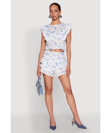 Spoon Jeans Floral Crochet Trim Tiered Shorts