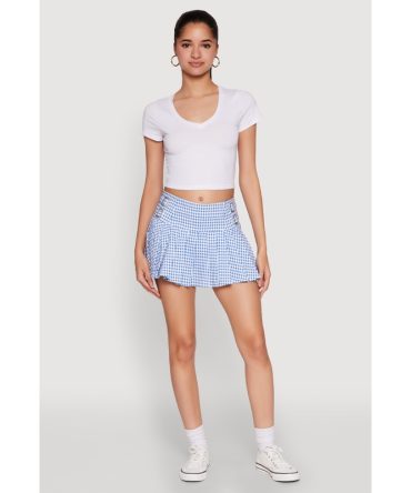 Almost Famous Buckle Detail Gingham Pleated Skort