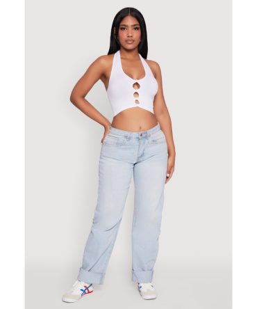 Button Front Cut Out Halter Neck Crop Top