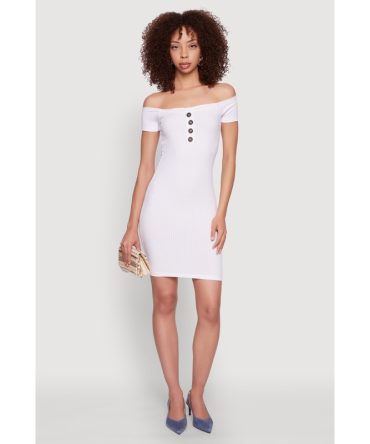 Faux Button Detail Off the Shoulder Mini Dress