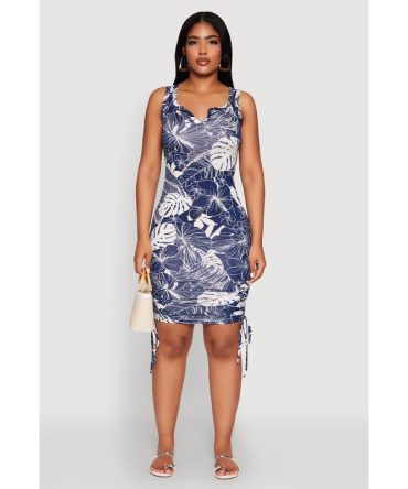 Leaf Print Drawstring Side Tank Dress