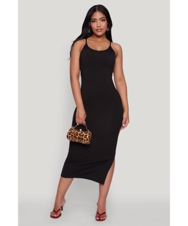 Ribbed Knit Side Slit Cami Maxi Dress