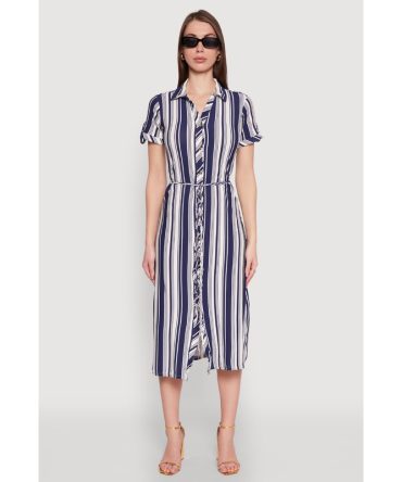 Striped Tie Waist Belted Shirt Dress