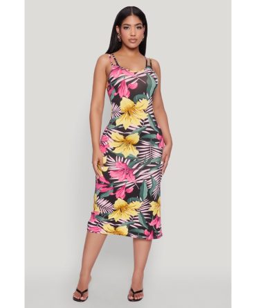 Tropical Floral Print Double Strap Cami Dress
