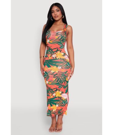 Tropical Print Side Slit Maxi Tank Dress