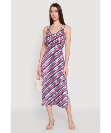Chevron Print Double Spaghetti Strap Midi Dress