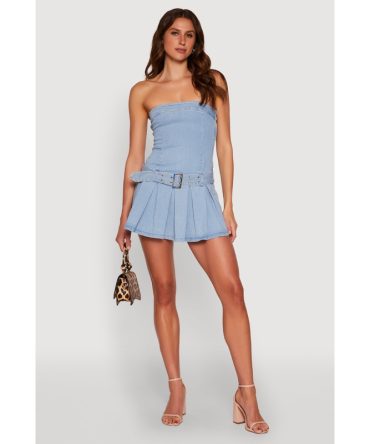 Denim Belted Pleated Mini Dress