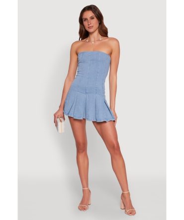 Denim Pleated Mini Skater Dress