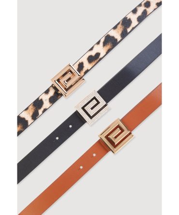 Greek Key Buckle Faux Leather Belts 3 Pack