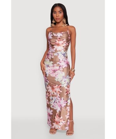 Haute Monde Floral Lace Up Side Slit Maxi Dress