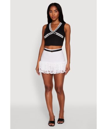 Lace Hem Belted Lined Mini Skirt