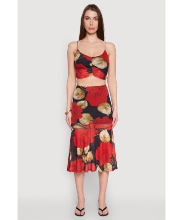 Mesh Rose Print Ruffled Hem Skirt