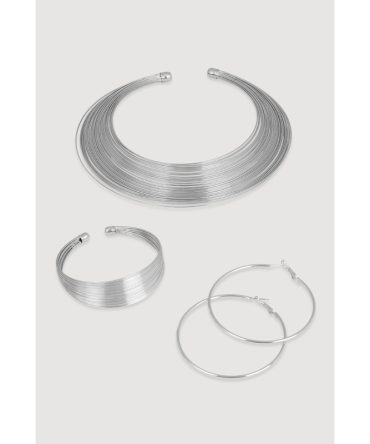 Metallic Choker Necklace with Hoop Earrings and Cuff Bracelet