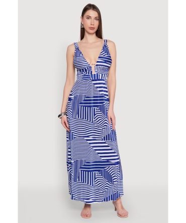 Plisse Abstract Stripe Plunge Metallic Detail Maxi Dress