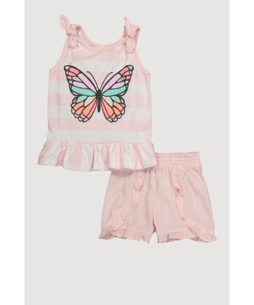 Toddler Girls Striped Glitter Butterfly Peplum Top and Ruffle Trim Shorts