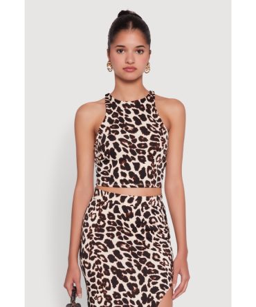 Trendy Animal Print High Neck Cropped Tank Top