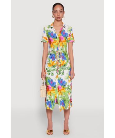 Tropical Floral Print Tie Waist Belted Dress