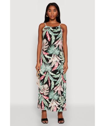 Tropical Leaf Print Maxi Sundress