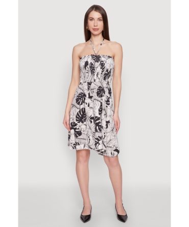 Tropical Print Smocked Halter Neck Dress