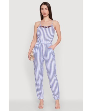 Wooden Beaded Detail Striped Jumpsuit