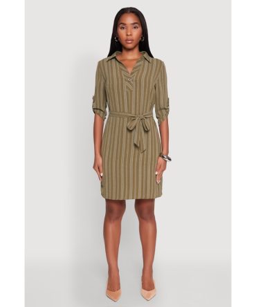 Airy Striped Tie Waist Mini Shirt Dress