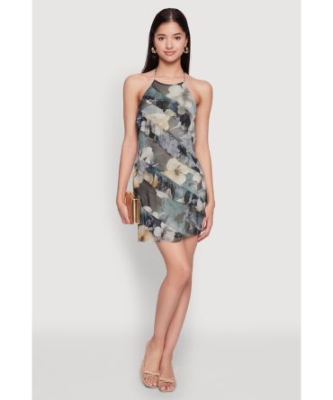Asymmetrical Ruffle Floral Halter Mini Dress